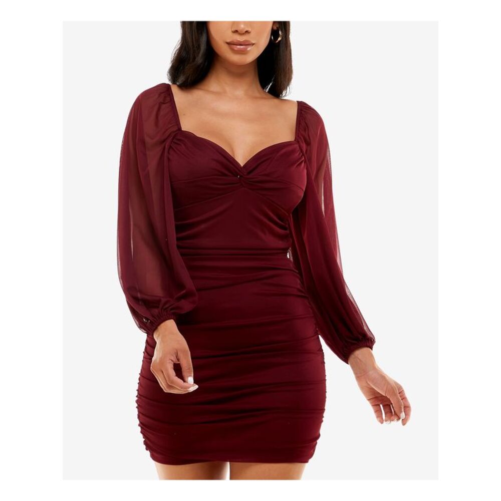 B DARLIN Womens Short Dress Burgundy Twist Front Long Sleeve Tie Back Juniors S - Picture 2 of 4